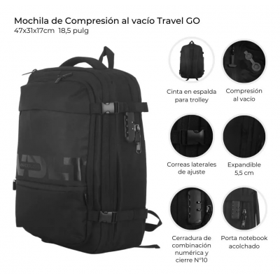 Mochila Travel Go Wanderlust De Viaje Compresión Al Vacío Negro 18"