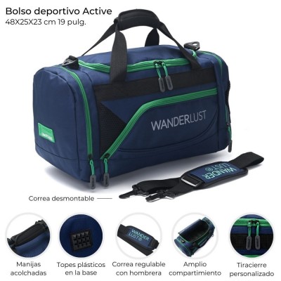Bolso Wanderlust Deportivo - Correa Regulable Azul Con Cierres Verdes 18"